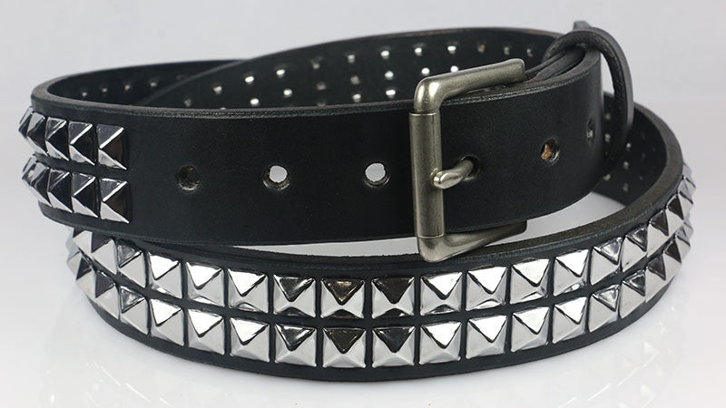 3 Row Vintage Black Pyramid Studded Leather Belt - SPECIAL