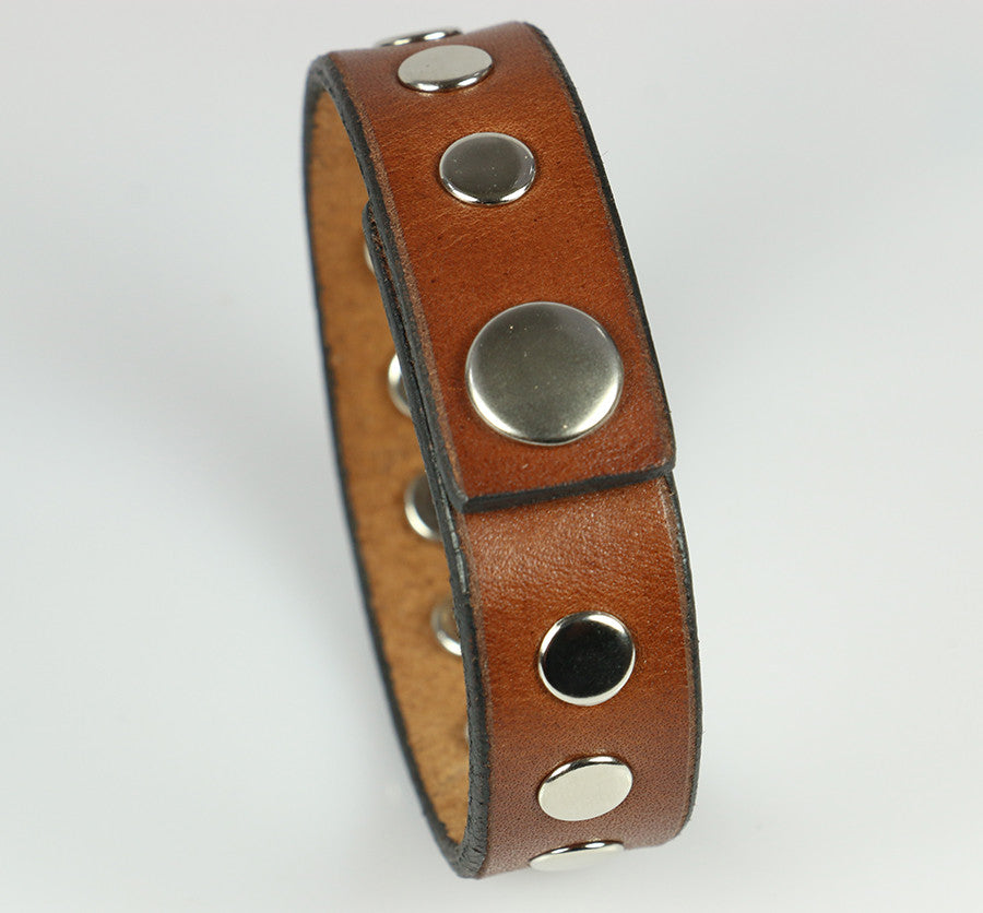 Caramel brown leather bracelet, separated strips, shiny steel rivets