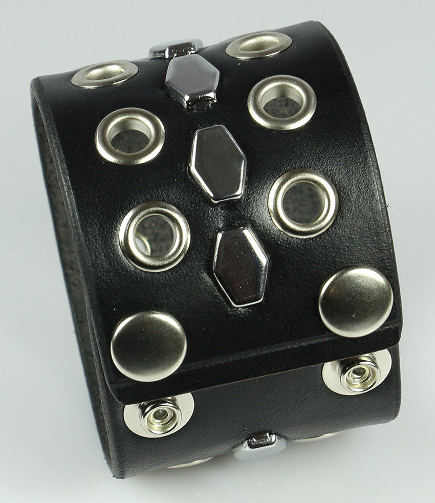 Hexagon Studded Leather Wristband, with Eyelets| Leatherpunk