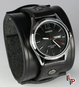 2 Inch Wide Watch Cuff, Black Leather, Casio 1335