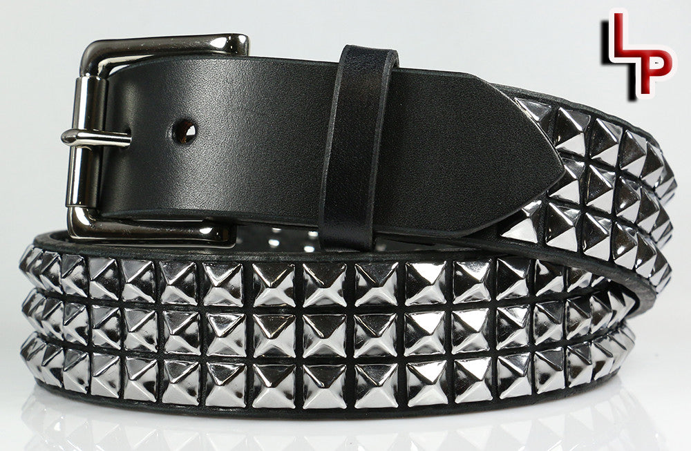 Classic 3 Row Pyramid Studded Leather Belt, 1.5