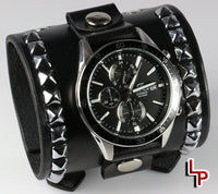 Studded leather watch cuff with Casio chronograph