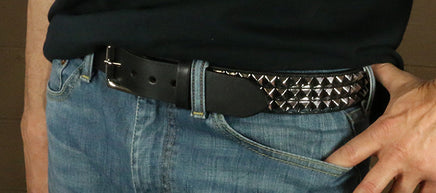 Classic 3 Row Pyramid Studded Leather Belt, 1.5\