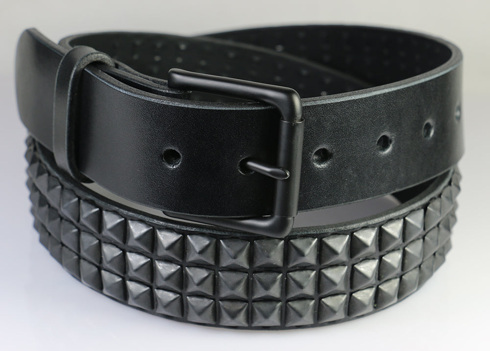 Black Pyramids (3 rows), Matte Black Buckle, Black Leather Belt 1.5