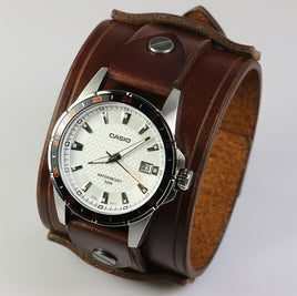 Brown 2 Inch Leather Watch Cuff/Band with Casio