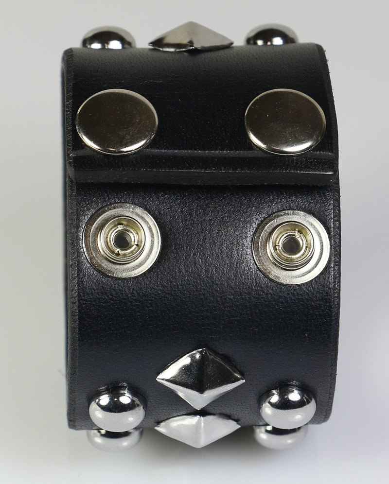 BLACK Leather Small DOMED Stud Bracelet Wristband Wrist Cuff