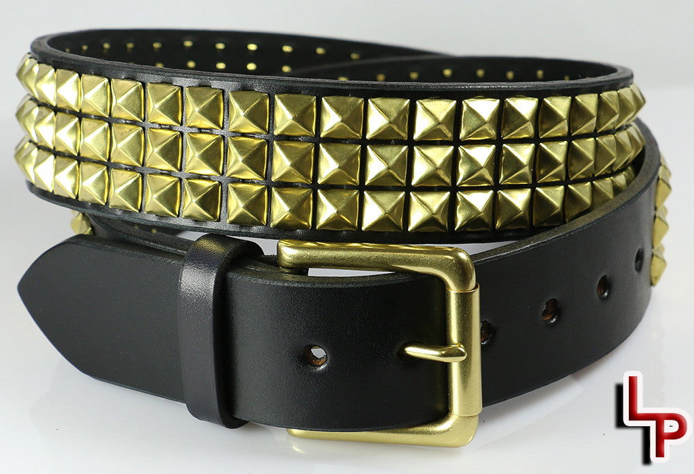 Brass Pyramid Studded Leather Belt, 3 Rows