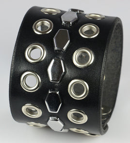 Eyelet and Hexagon stud leather wrist band