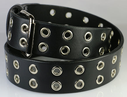 eyelet leather belt with double tongue buckle