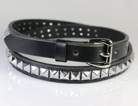 Black skinny leather belt with one row pyramid studs