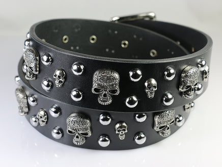 Leather belt with skull studs and dome studs