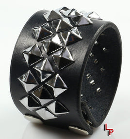 Diagonal Pyramid Studded Wristband, Black Leather