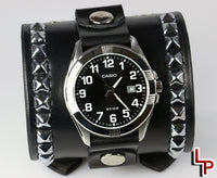3" Pyramid Studded Watch Cuff, Black Leather