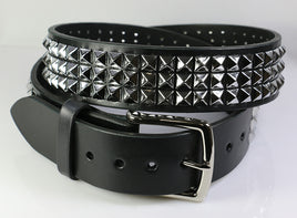 Wide three row pyramid studded leather belt, 1.75"